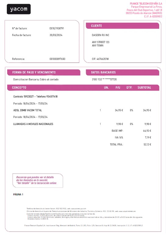 Spain Yacom business utility bill Word and PDF template PSD template